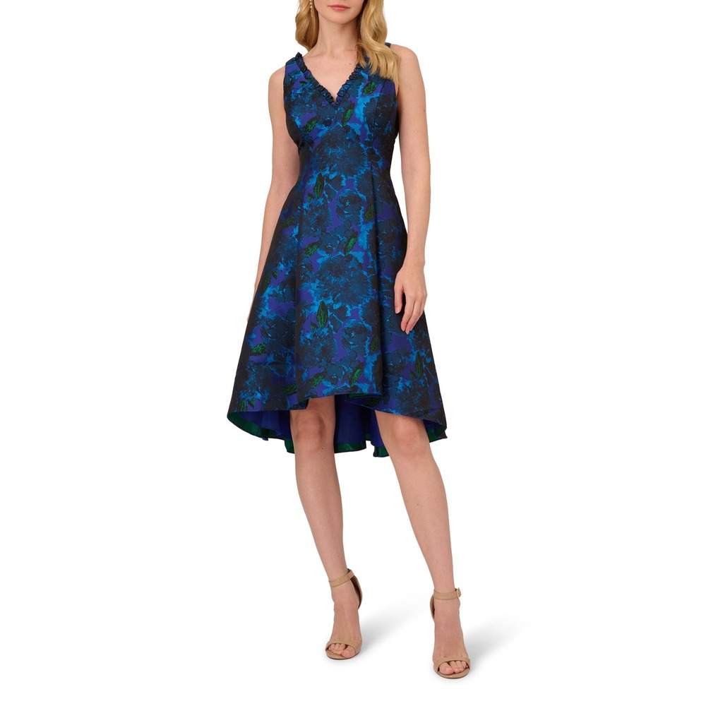 Adrianna Papell Blue Floral Brocade Ruffle V-Neck Fit Flare Dress Size 16 NEW